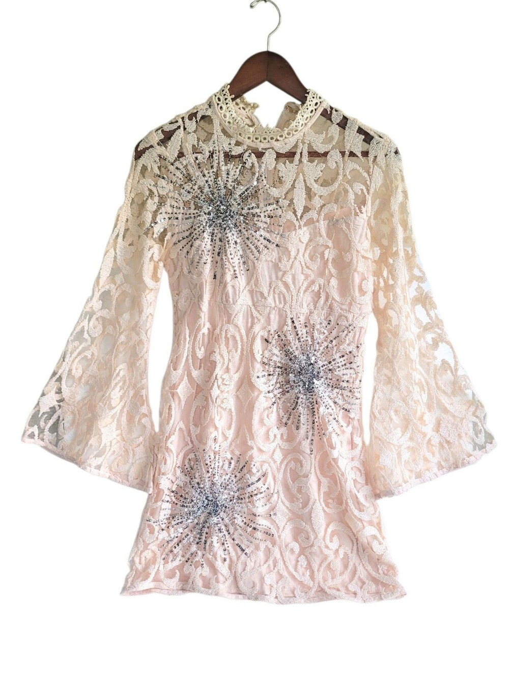 Free People Lace Embroidered Sequinned Long-Sleeve Mini Dress Cream 4 Boho